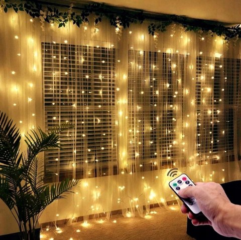 KURTYNA ŚWIETLNA LED DRUCIK LAMPKI PILOT USB BIAŁY CIEPŁY 3X3M + HACZYKI