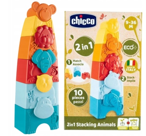 CHICCO ECO+ WIEŻA 2W1 ZWIERZĄTKA UKŁADANKA 10 EL.