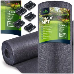 Siatka cieniująca 1,2x25m 140g/m2 + 50 zacisków szara