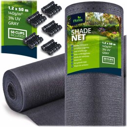 Siatka cieniująca 1,2x50m 140g/m2 + 50 zacisków szara